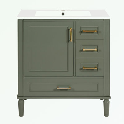 Bathroom Vanity with Sink, Three Drawers and metal handles