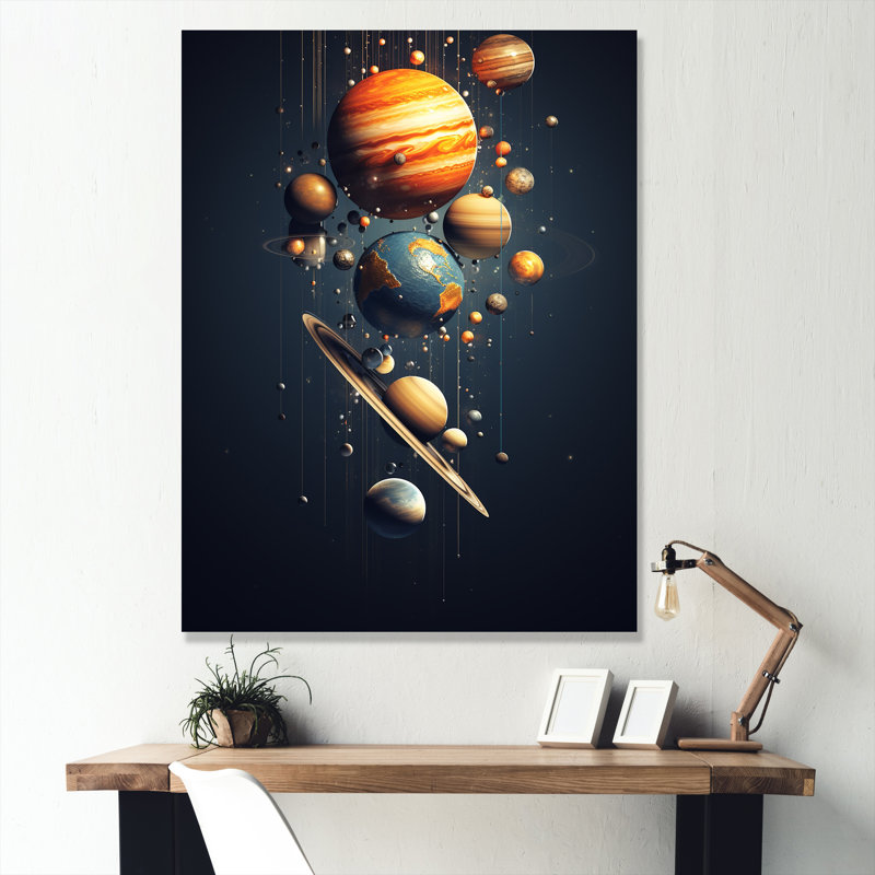 Art mural bleu et orange, planète Odyssey IV, H 32 po x l 24 po x P 1 po, Toile tendue