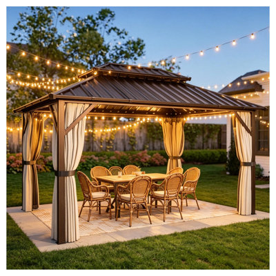 Hardtop Gazebo with Double-Tier Galvanized Steel Roof and Netting - Black/Brown
