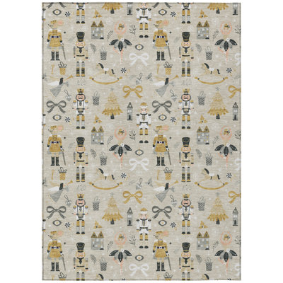 Machine Washable Indoor/Outdoor Christmas Nutcracker Xhevrie Beige Rug