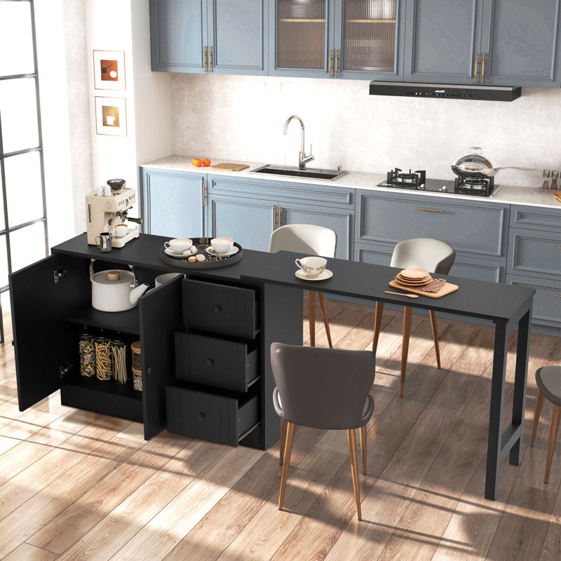 89.7'' Wooden Kitchen Island With Extendable Table, Black