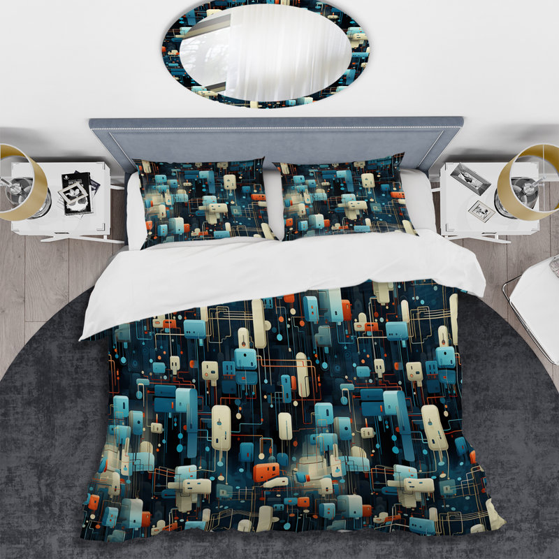 Ensemble de housse de couette en microfibre bleu / bleu Metropolis Matrix, Housse de couette simple + 1 taie décorative stan