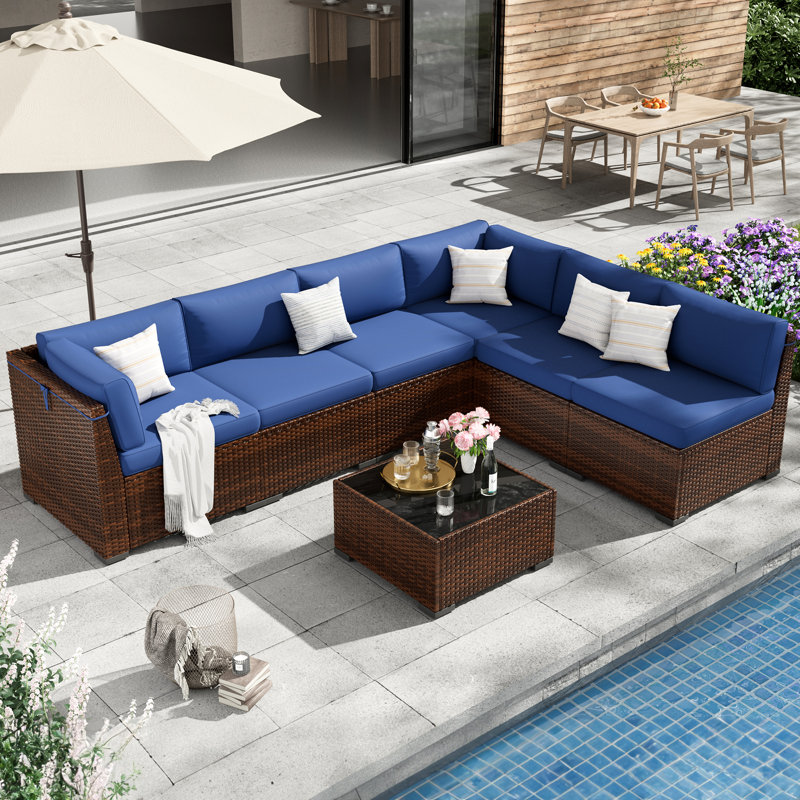Groupe de sièges modulaires en rotin avec coussins 7 pièces, Bleu marine, Non