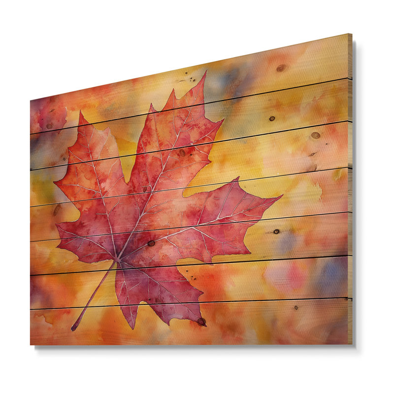 Feuille d'érable d'automne I - impression sur bois de feuilles - sur bois de pin naturel, H 24 po x l 32 po