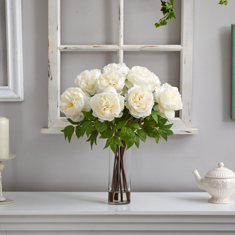 Elegant White Silk Peony Arrangement in Glass Vase