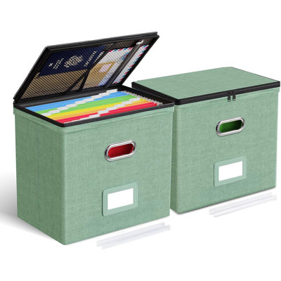 2 Pack Green File Organizer Boxes with Lids & Mesh Pockets, Letter Size Zippered Filing Box