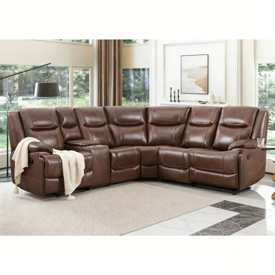 Ahsha Luxurious Premium Genuine Leather Manual Recline Sectional Sofa with Cup Holders