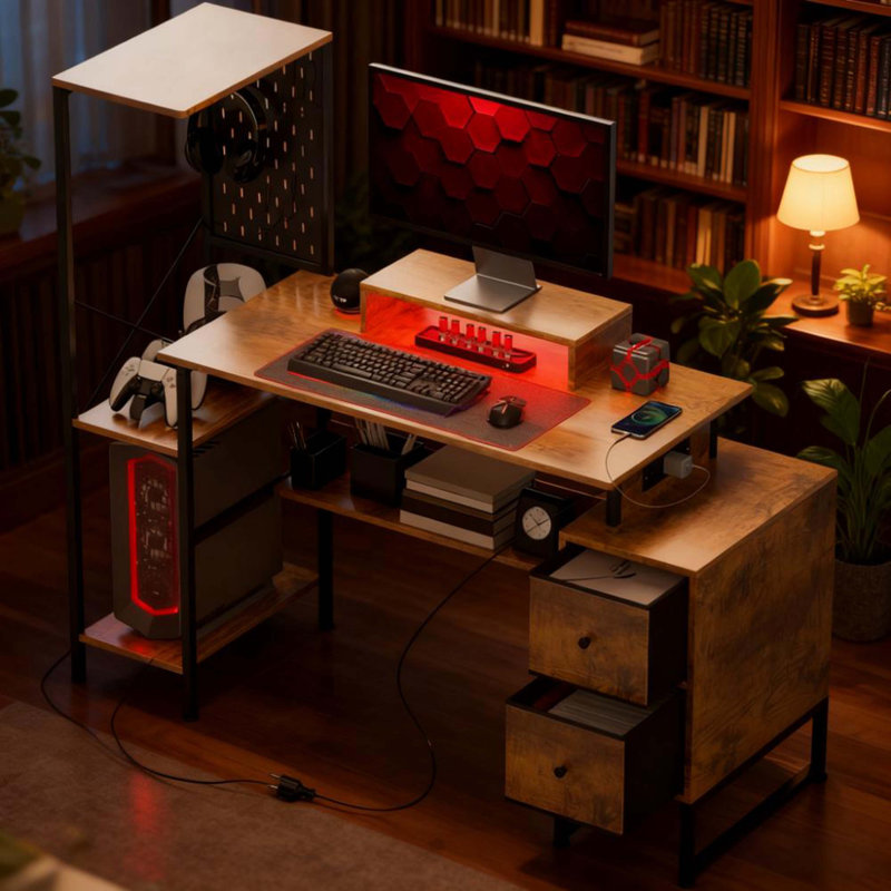 Bureau d'ordinateur, table d'ordinateur avec prises de courant et lumières DEL, Brun rustique