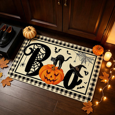 Décoration d'Halloween : Tapis d'entrée citrouille et chapeau de sorcière, paillasson décoratif pour porte d'entrée.