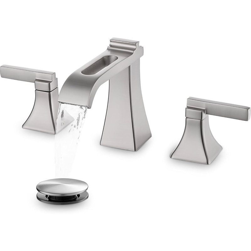 Brushed Nickel Bathroom Faucet 3 Hole, Brass Waterfall  Widespread Bathroom Sink Faucet With Pop-Up Drain, Cupc Supply Hoses, 2 Handles For Vanity, Restroom, Modern Hollowed Design