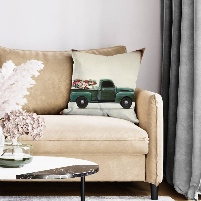 Flowers farm truck - 26"x26" Throw pillow - Poly twill - Print on demand, 26" x 26", Polyester/Polyfill