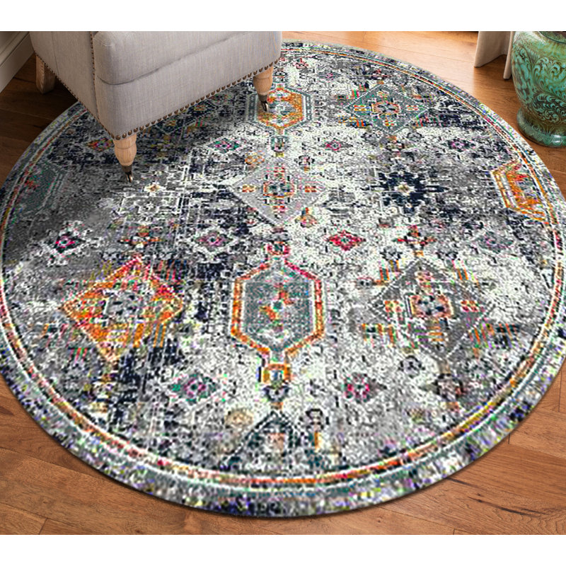 Tapis bleu / orange Alena, Rond 7 pi 6 po