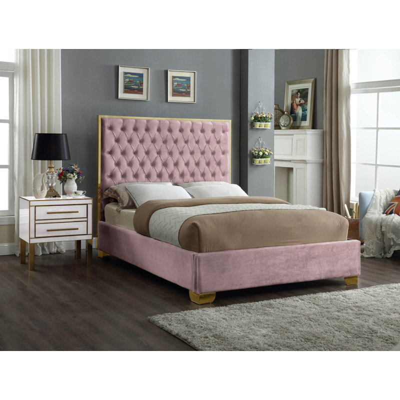 Lit plateforme tapissier capitonné Spadaro, Très grand, Velours rose, Or