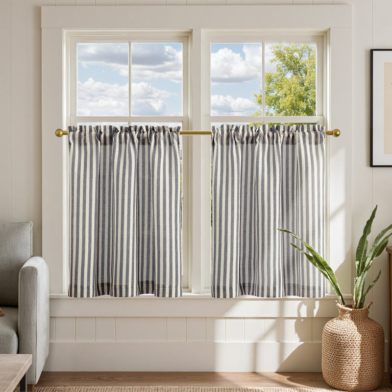 Linen Rod Pocket  Light Filtering Striped Kitchen Cafe Curtains Curtains, 26" W x 24" L, Black/Beige