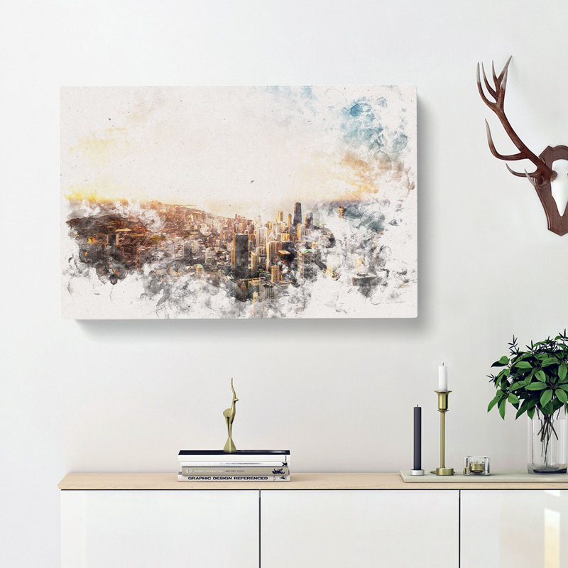 High over the Chicago Skyline Watercolour - Wrapped Canvas, 50cm H x 76cm W x 3cm D