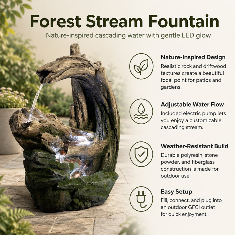 Organic Forest Stream Outdoor Water Fountain with Cool Glow Lighting and Adjustable Flow
