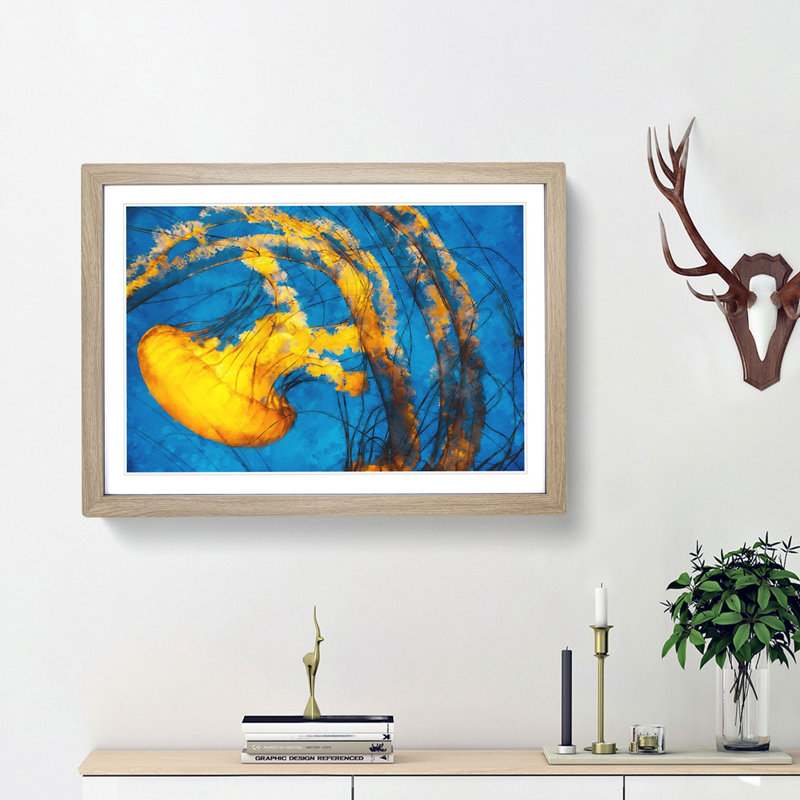 Yellow Jellyfish - Picture Frame Painting Print, Oak Framed, 40cm H x 60cm W x 2cm D