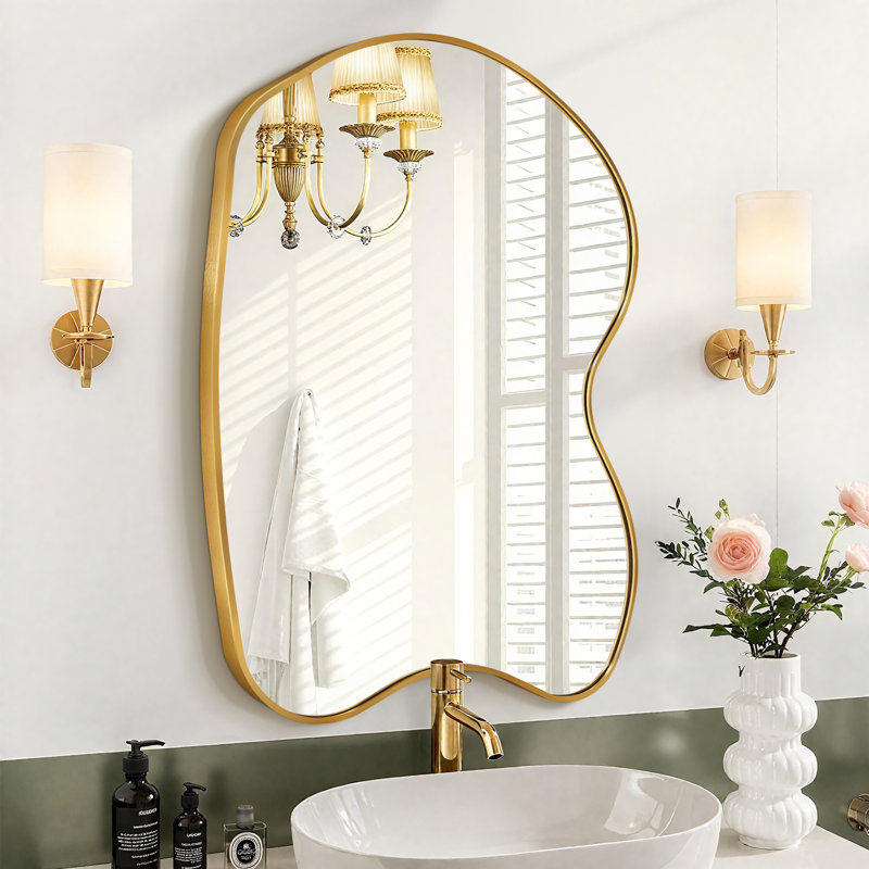 Irregular Metal Wall Mirror Asymmetrical Accent Mirror for Bathroom,Living room, Gold, 40" x 28"
