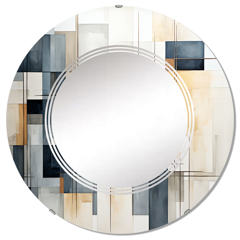 Bleu gris, dessin au trait abstrait géométrique III - miroir mural moderne rond, 32 po x 32 po