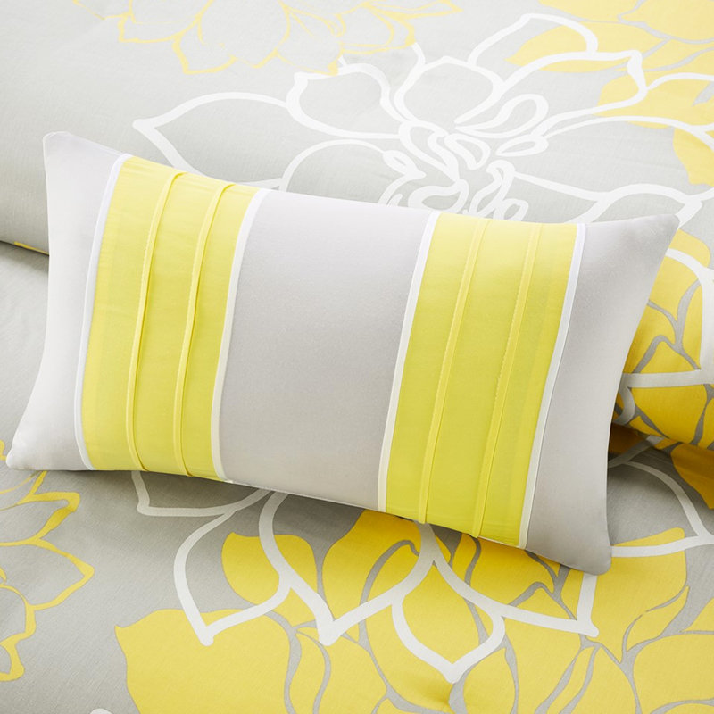 Housse de couette imprimée 6 pièces pour lit double / grand lit - Literie en coton floral avec fermeture à boutons et attaches intérieures 2 taies décoratives, 3 coussins décoratifs plissés et brodés disponibles en gris / pêche, taupe