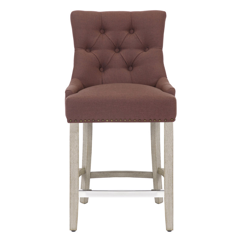 Linen Fabric Tufted Upholstered Counter Stool, Counter Stool (24” Seat Height), Brown Linen/Antique Gray Frame