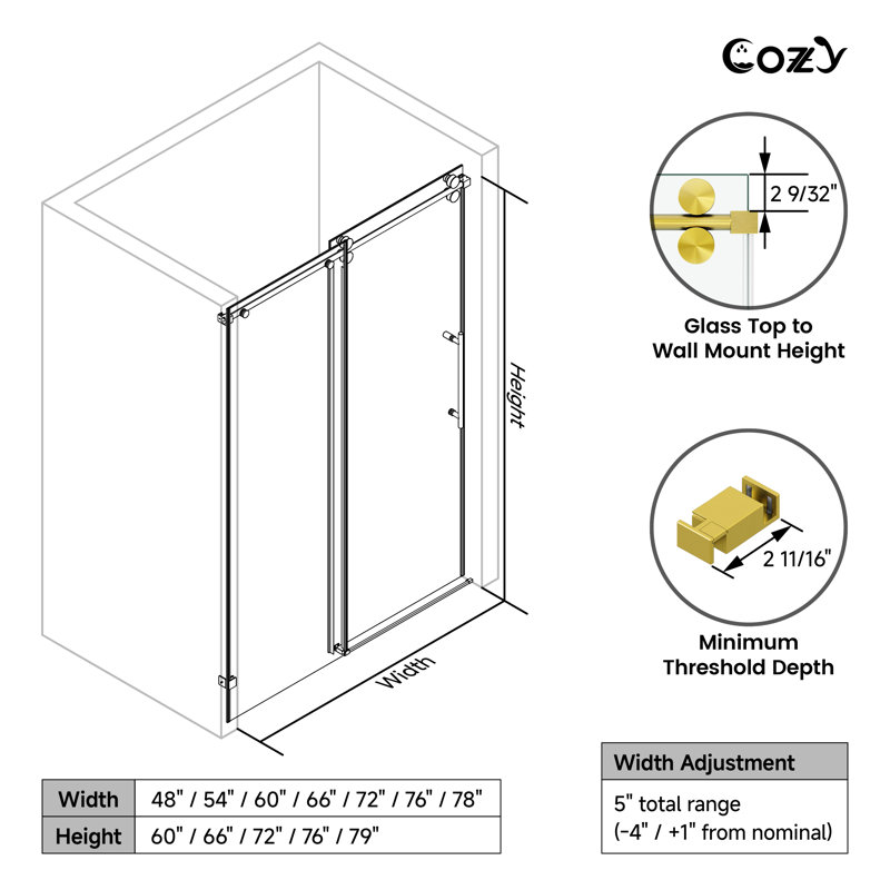 56-61" W x 66" H Single Sliding Frameless Tub Door with 3/8"  SGCC Tempered Glass - Round Top Rail, Gold