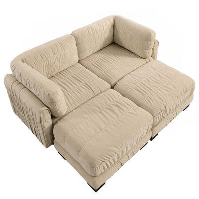 Canapé d'angle modulaire deux places en chenille à détails froncés, mousse haute densité, coussins de dossier épais