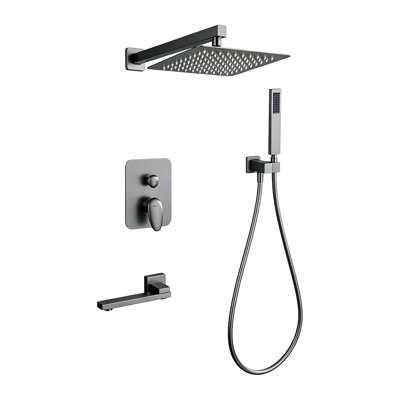 0Ontz Brushed Gray Concealed Shower System With Rough-In Valve, Square High Pressure Rain Shower Head, Single Function Handheld Shower & 360° Rotatable Aerated Tub Spout, Wall Mount Complete In-Wall Shower Faucet Set For Modern Bathroom