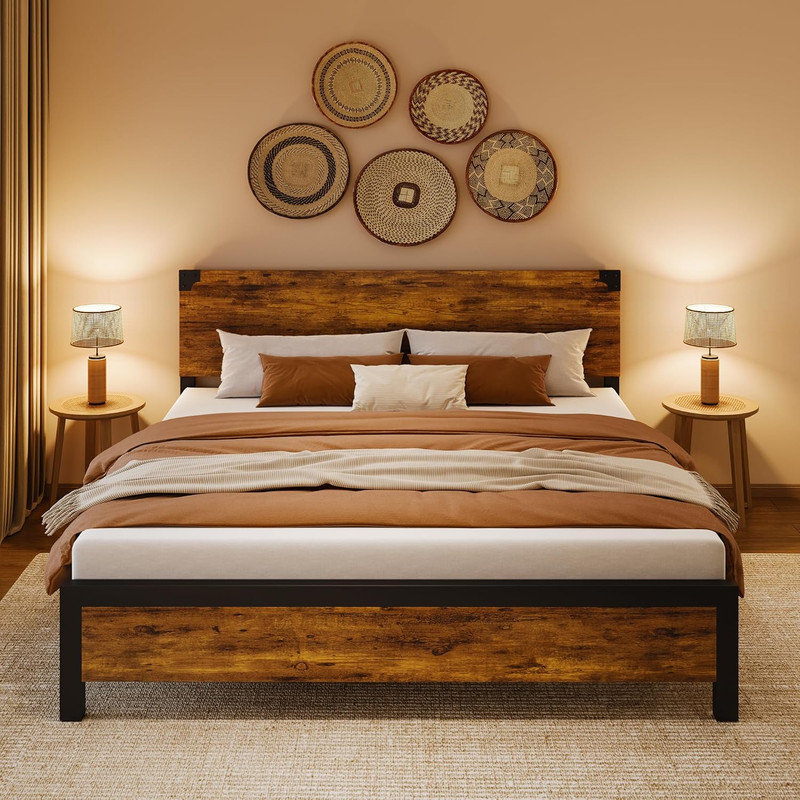 King Platform Bed Frame with Rustic Wood Headboard & Under-Bed Storage - Noise Free, No Box Spring Needed