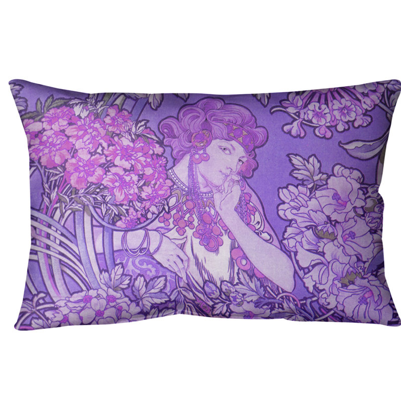 Alphonse Mucha Woman Among Flowers Lumbar Pillow, Purple, Faux Linen