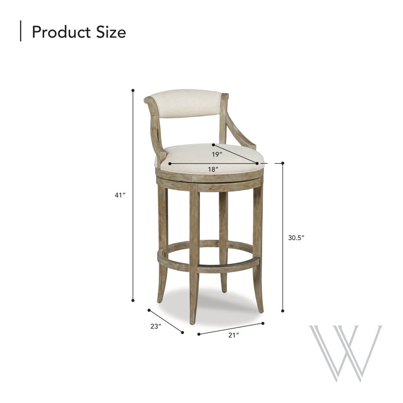 White Linen Upholstered Swivel Bar Stool with Wood Frame