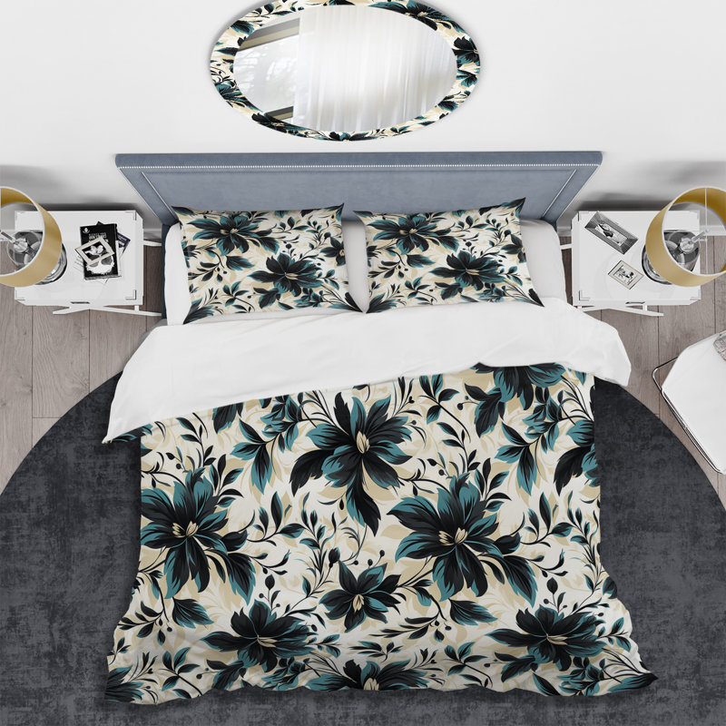 Ensemble de housse de couette damassé bleu et blanc Euphony, Housse de couette pour grand lit et 2 taies décor