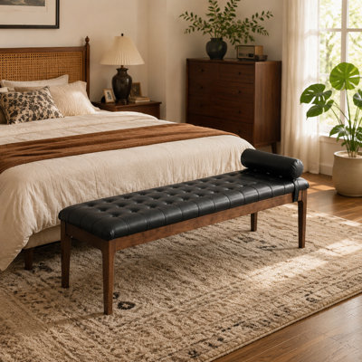 Mid - Century Modern Button Tufted PU Bench With Headrest,Upholstered End of Bed Bench With Solid Wood Legs