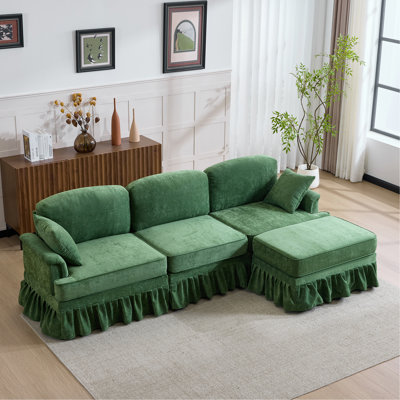 Canapé modulaire 103,15 po avec jupe plissée à volants amovible, canapé en nuage de chenille, repose-pieds et accoudoirs évasés, canapé en tissu en L à 4 places pour le salon et la chambre à coucher