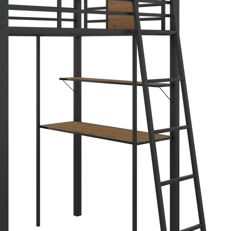 Lit superposé simple en forme de L robuste en métal avec bureau mezzanine et tablettes de rangement
