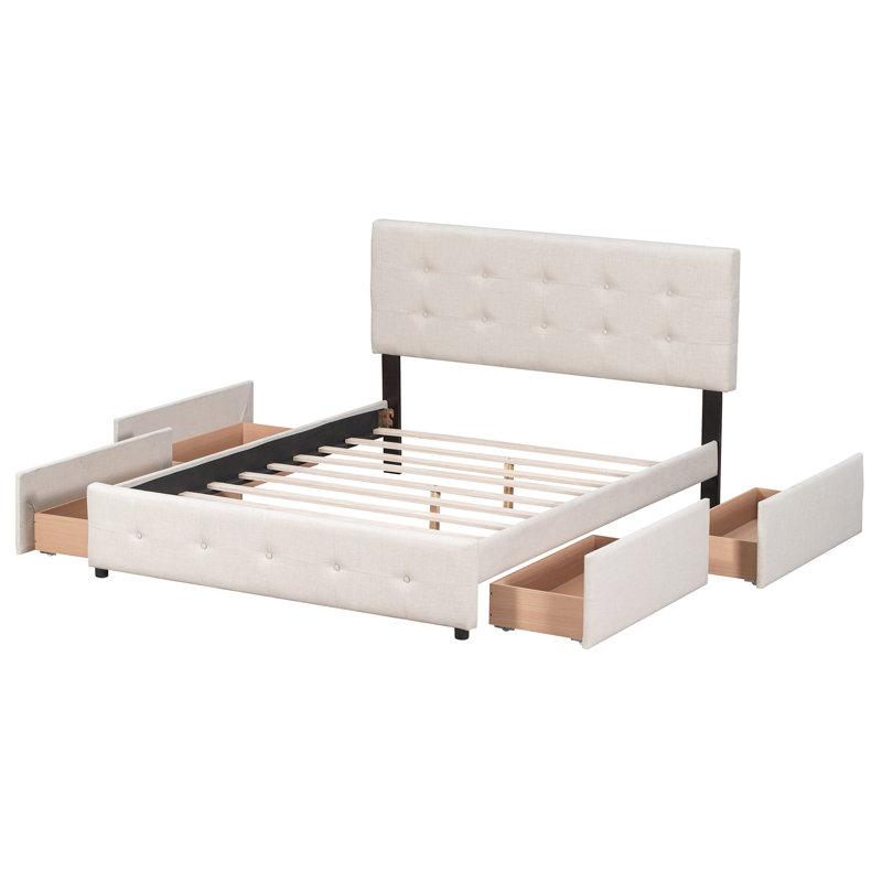 Grand lit tapissier avec 4 tiroirs et conception polyvalente - tête de lit plateforme beige, tissu, sans sommier, fabrication en panneau de particules massif