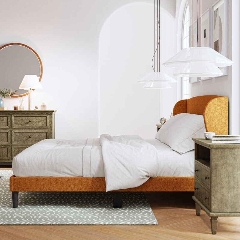 Amati Upholstered Wingback Platform Bed, King, Orange