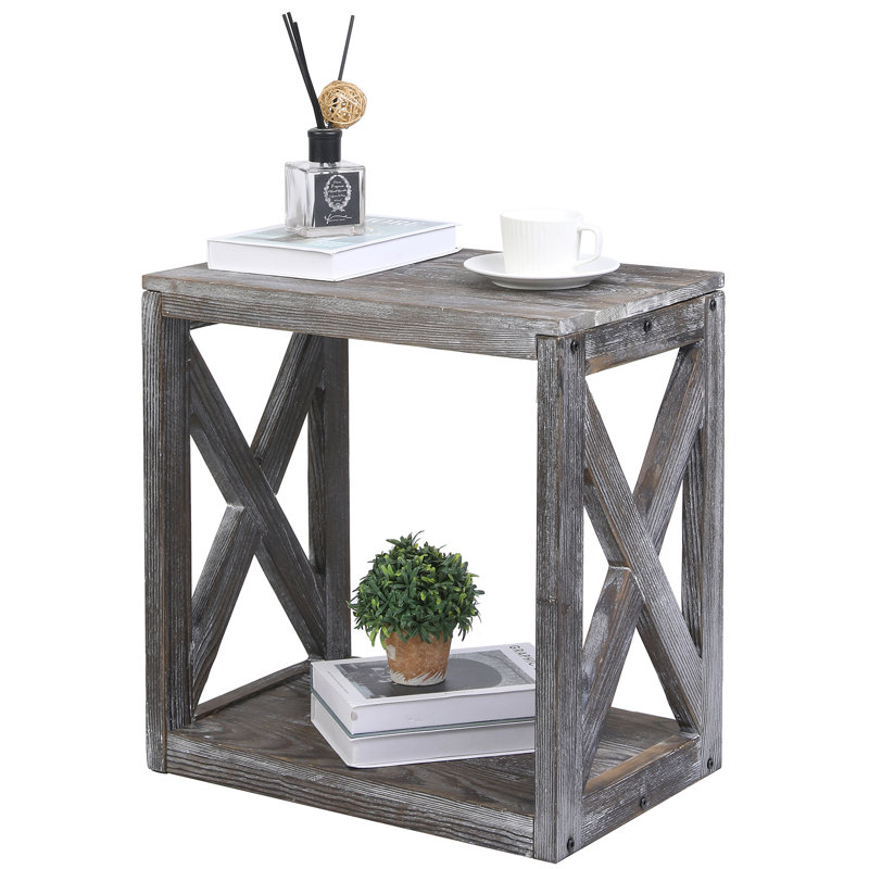 Cherra Solid Wood Floor Shelf End Table with Storage, Brown Grey