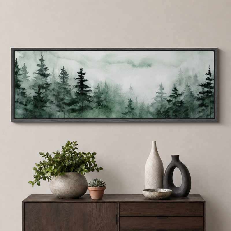 Paysage de forêt boisée, forêt brumeuse, aquarelle, paysage naturel, H 20 po x l 60 po, Noir, noir, noir, noir