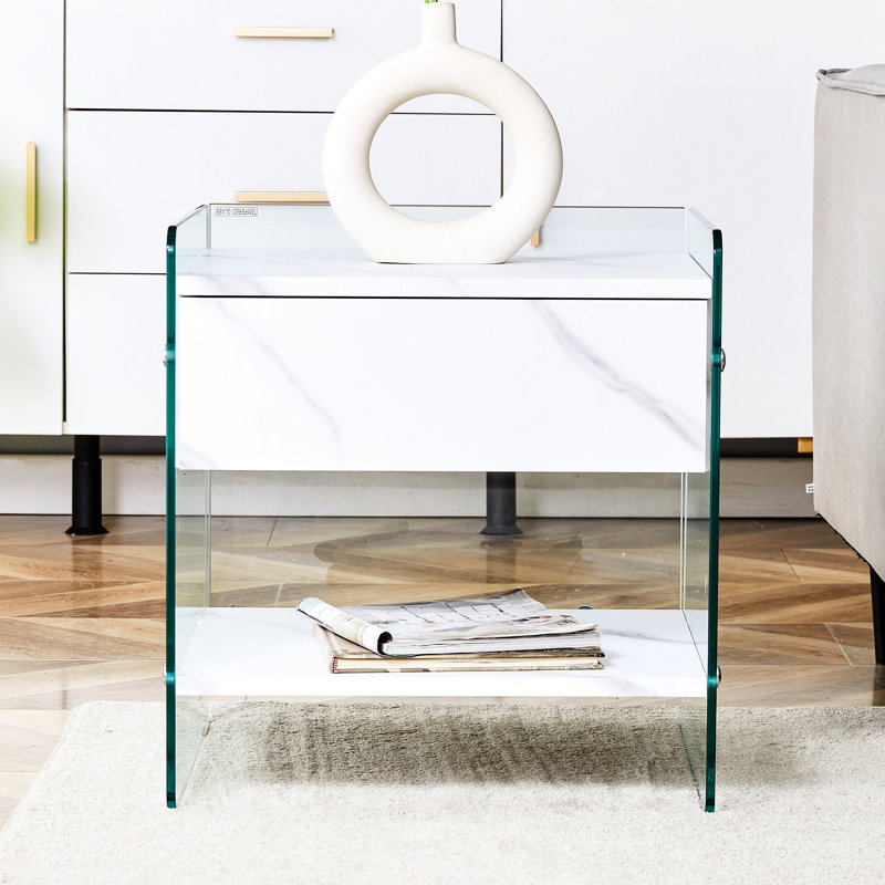 Simple et table de rangement de chevet, blanc, verre, armoire spacieuse et élégante avec tiroir en verre, fonctionnelle