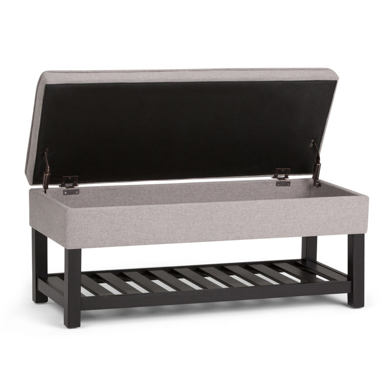 Cosmopolitan 44"W Linen Look Transitional Storage Ottoman Bench with Tufted Lift-Top and Open Shelf, Cloud Gray