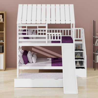 Pine Wood House Bunk Bed With Pull-Out Trundle , Slide Storage Staircase ,Roof And Window