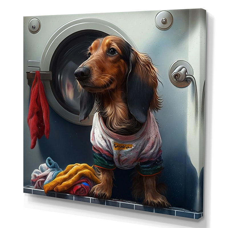 Dachshund Doing The Laundry IV - animaux, art mural sur toile, H 24 po x l 24 po x P 1 po