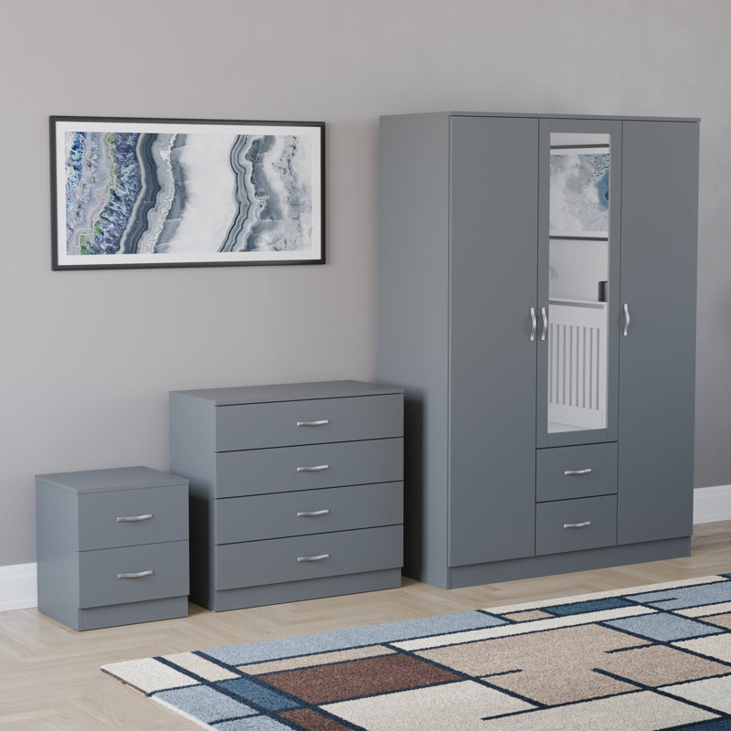 Maybery 3 Piece Bedroom Set (2 Drawer Bedside Chest, 4 Drawer Chest, 3 Door 2 Drawer Mirrored Wardrobe), (5), Grey