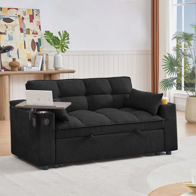 Chenille Loveseat Sleeper Sofa Bed With Storage Armrest ,USB Port ,Side Table, Black