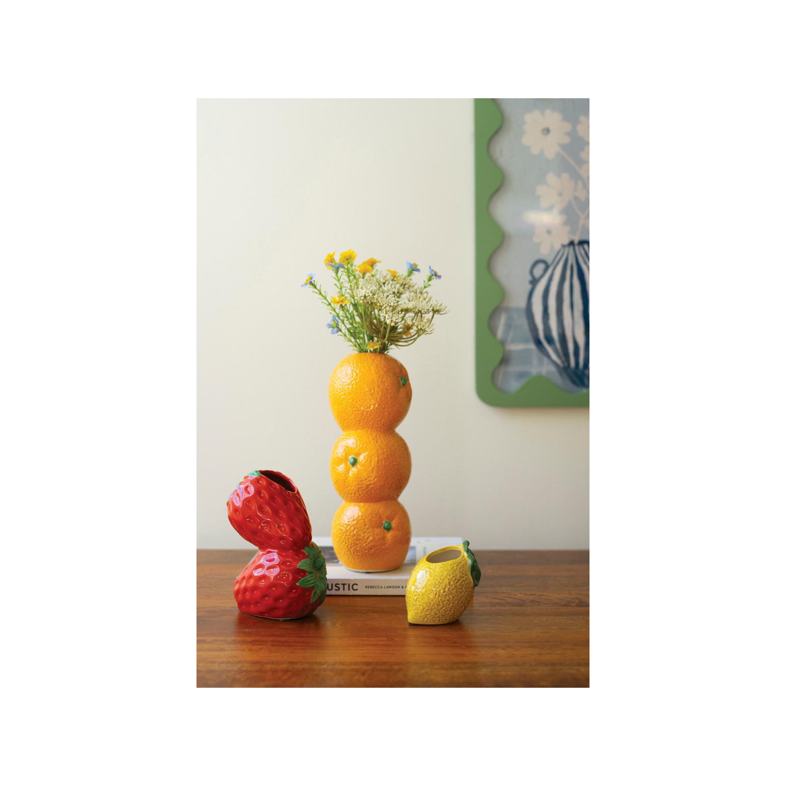 SET OF THREE CERAMIC BUD VASES - ORANGE, STRWBERRY AND LEMON