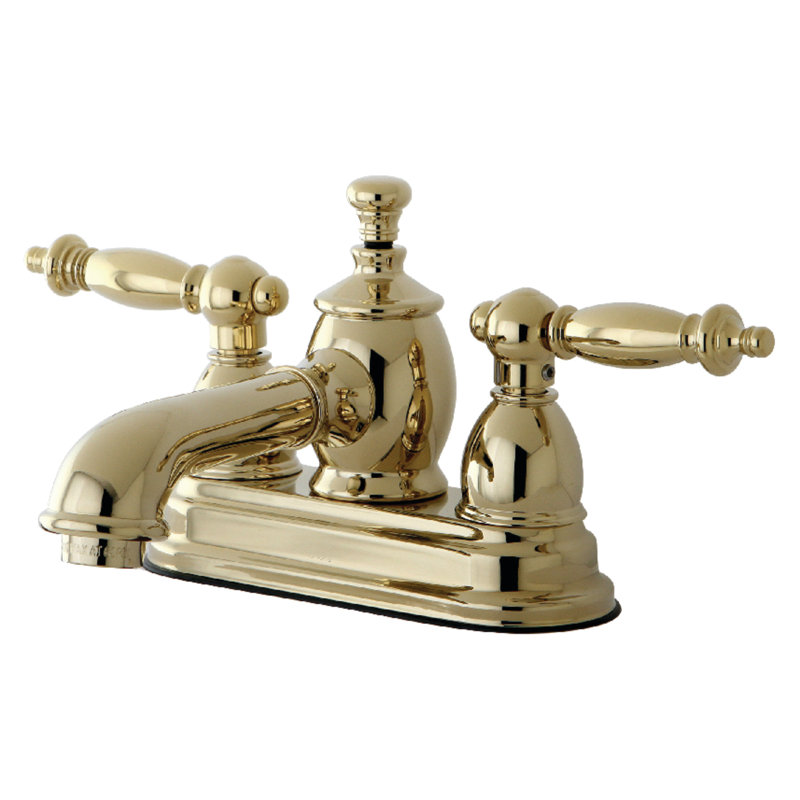 Kingston Brass Templeton Two-Handle 3-Hole Deck Mount 4" Centerset Bathroom Faucet with Brass Pop-Up, Polished Brass