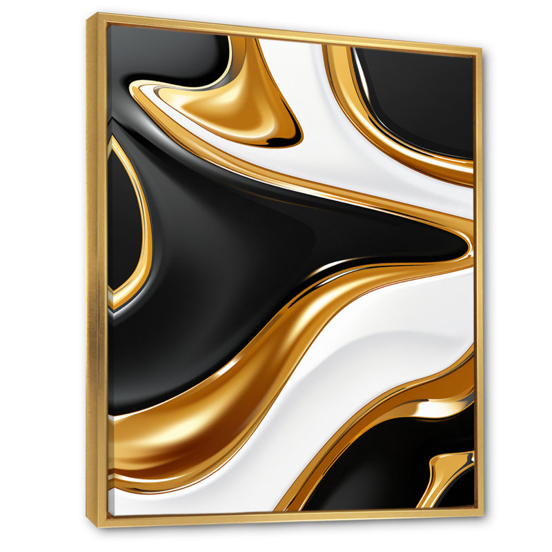 Vague liquide or noir et blanc dimension I sur toile, Cadre flottant doré, H 44 po x l 34 po x P 1,5 po