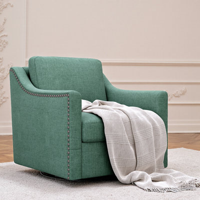 Stylish Blackish Green 360 Swivel Armchair with Cotton Linen Fabric and Brass Nail Trim by George Oliver