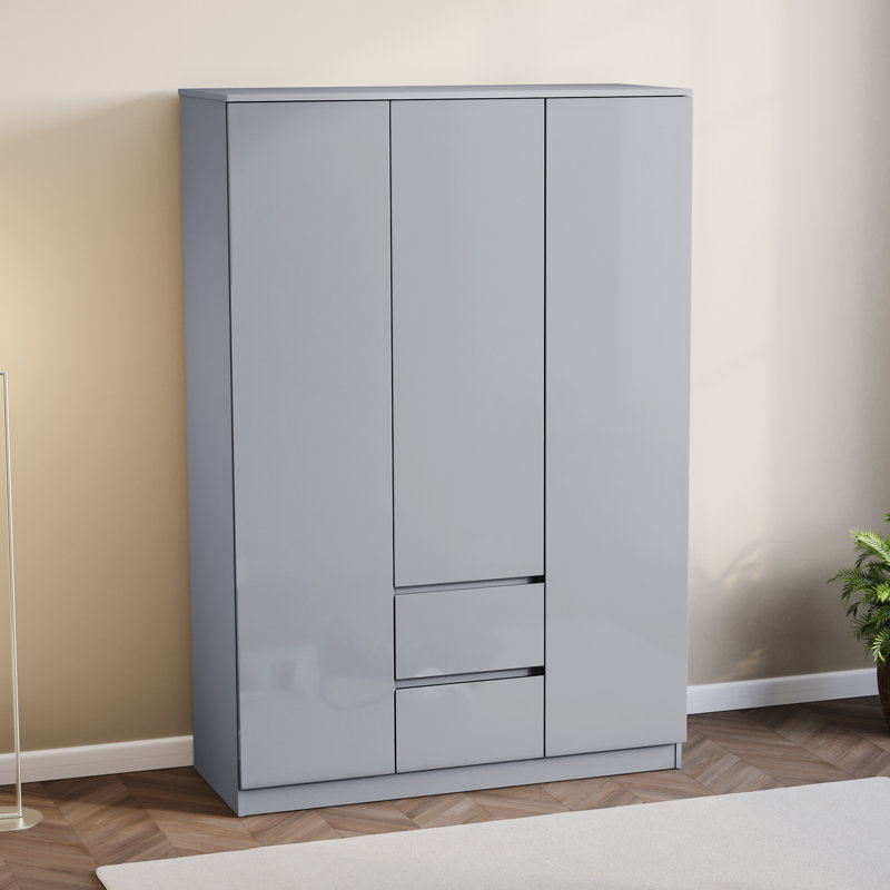 Oslo 3 Door 2 Drawer High Gloss Wardrobe, (FSC 100%) Bedroom Home Clothing Storage Furniture, Grey